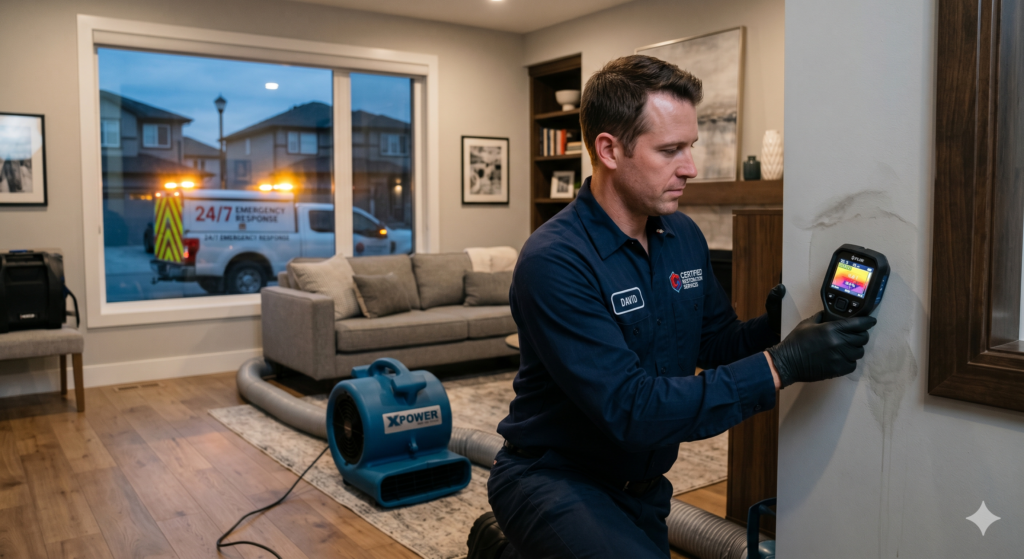 A professional water damage restoration technician in a navy uniform using a FLIR thermal imaging camera to inspect a wall for moisture in a residential living room, with an XPOWER air mover on the floor and an emergency response vehicle visible outside the window.